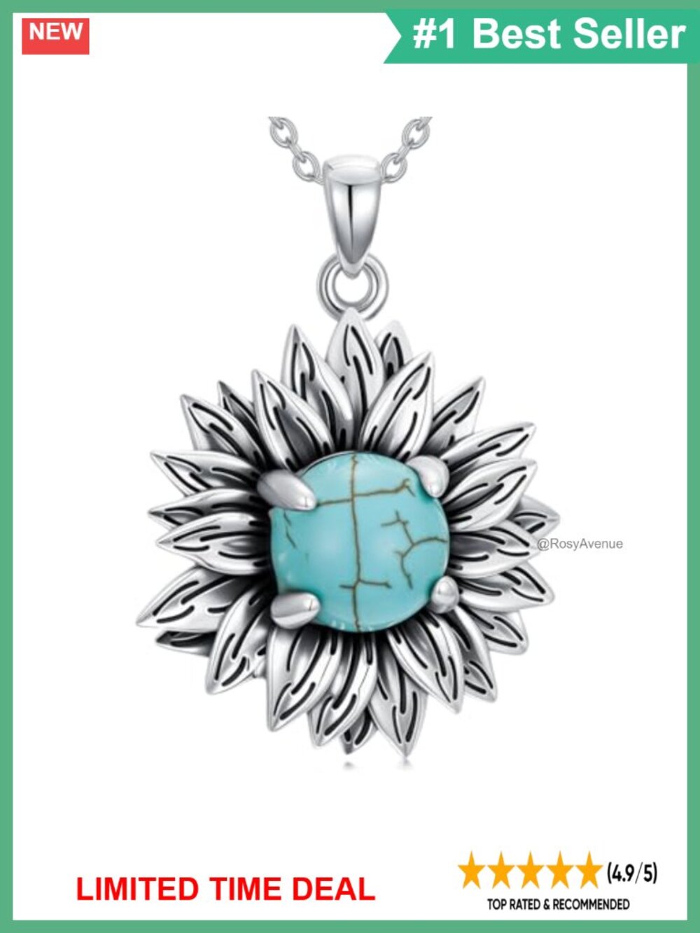 Turquoise Sunflower Pendant Necklace 925 Sterling Silver 18+2 In